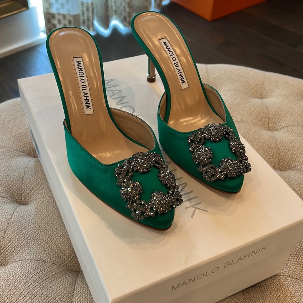 Manolo Blahnik green hangisi crystal mule heels